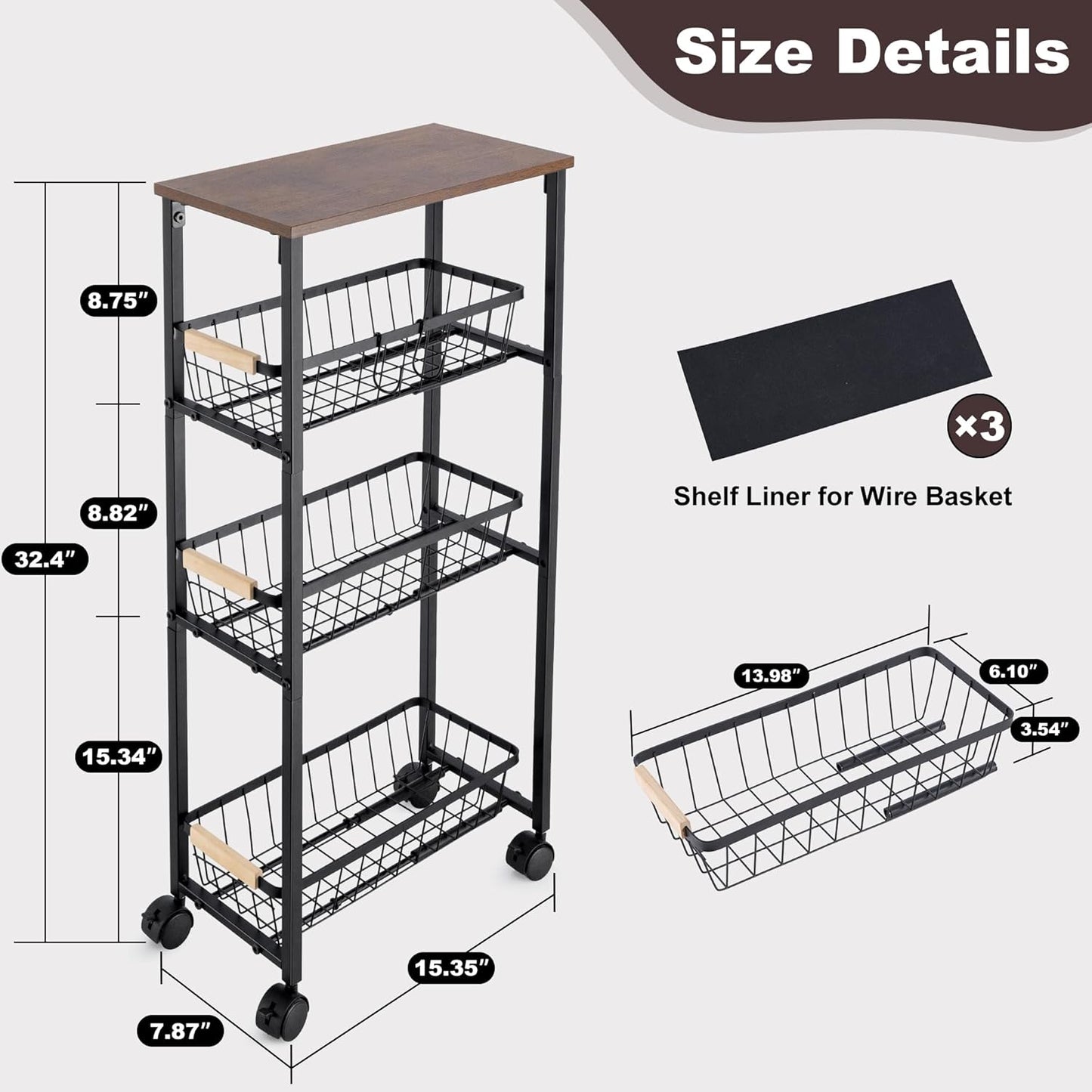 Narrow Rolling Cart with Wheels, 4-Tier Slim Metal Storage Cart with Pull-Out Baskets, 7.87 Inch Width Small Laundry Room Organizer Cart, Space-Saving for Kitchen, Bathroom