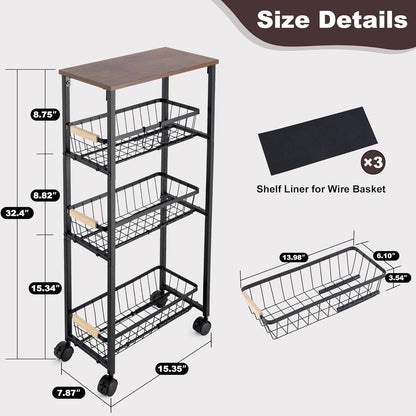 Narrow Rolling Cart with Wheels, 4-Tier Slim Metal Storage Cart with Pull-Out Baskets, 7.87 Inch Width Small Laundry Room Organizer Cart, Space-Saving for Kitchen, Bathroom