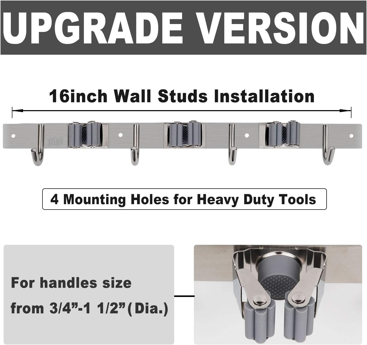 Broom Mop Holder Wall Mount Broom Hanger Wall Mounted Metal Organization Garage Storage Garden Kitchen Tool Organizer With 4 Racks and 5 Hooks (Silver, 1 Pack 3R4H)…