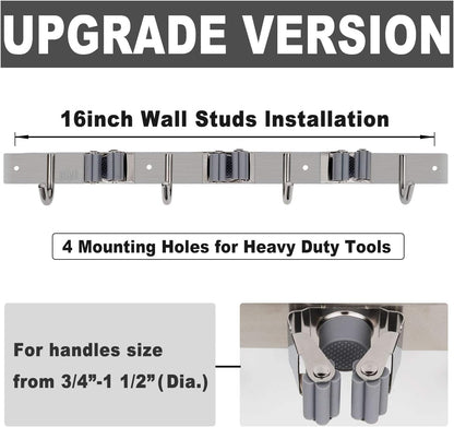 Broom Mop Holder Wall Mount Broom Hanger Wall Mounted Metal Organization Garage Storage Garden Kitchen Tool Organizer With 4 Racks and 5 Hooks (Silver, 1 Pack 3R4H)…