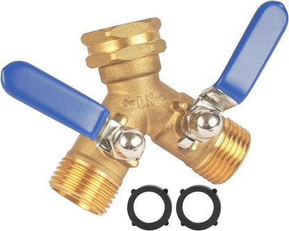 Hose Splitter 2 Way Heavy Duty, Full Flow Garden Hose Splitter with Large Easy-Turn Handle, 3/4 Inch GHT Brass Water Hose Splitter for Outdoor Faucet, Y Valve Hose Bib Splitter