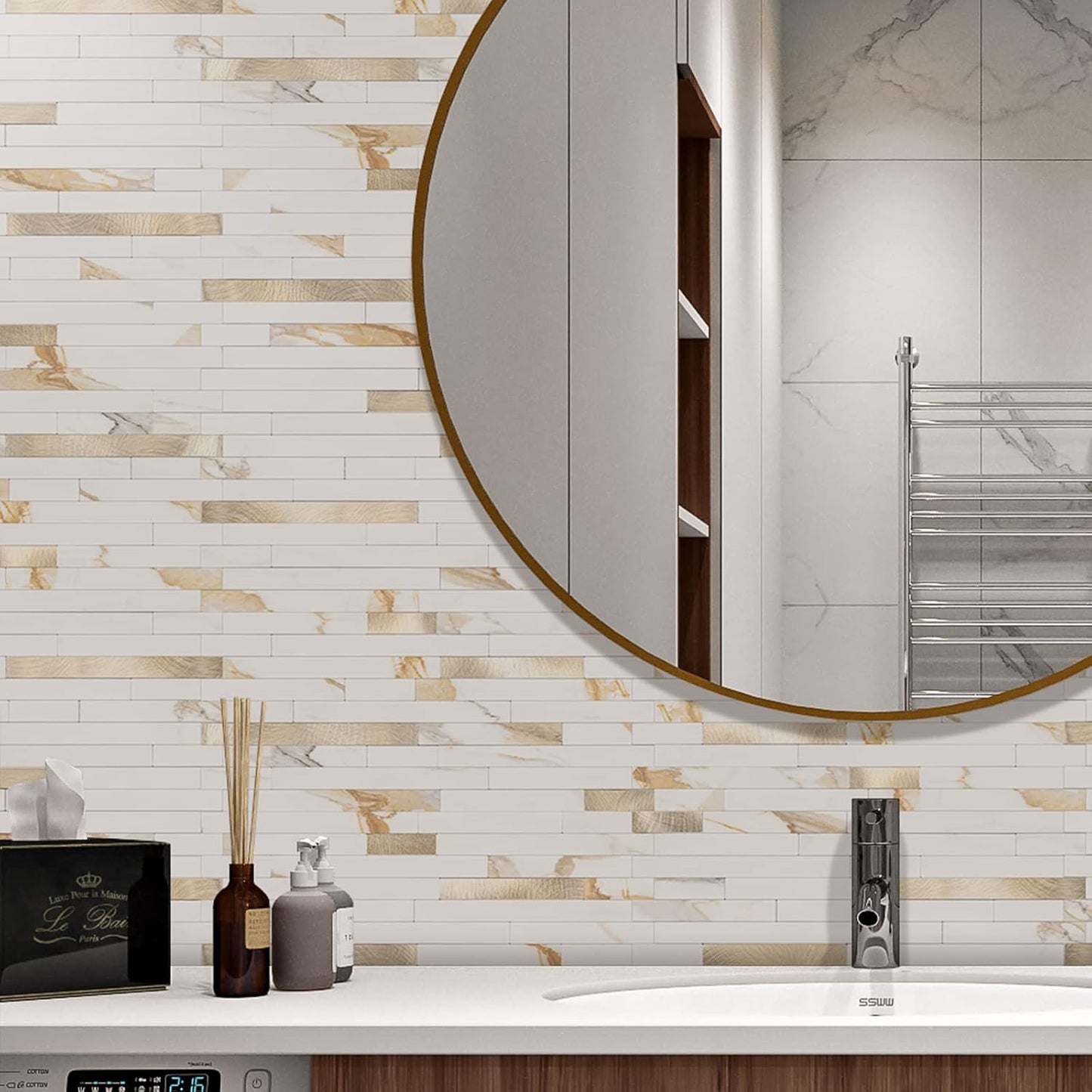 STICKGOO 20 Sheets Peel and Stick Backsplash Tile, Stick on Backsplash for Kitchen and Bathroom, White Sandstone Look PVC Mixed Metal Gold Self Adhesive Wall Tiles
