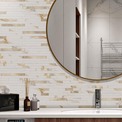 STICKGOO 20 Sheets Peel and Stick Backsplash Tile, Stick on Backsplash for Kitchen and Bathroom, White Sandstone Look PVC Mixed Metal Gold Self Adhesive Wall Tiles