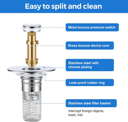 Bathroom Sink Drain Strainer, Pop-up Sink Stopper Hair Catcher with Removable 304 Stainless Steel Strainer Basket Hair Catcher, Bathroom Sink Strainer for Bathroom Sink Stopper Replacement, 2 PCS
