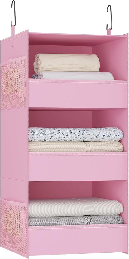 3-Shelf Hanging Closet Organizer, Washable Foldable Storage, Dark Gray | Front lip keeps items secure; side pockets add room; Oxford fabric handles towels, shirts, baby items, dorms, RVs or travel.