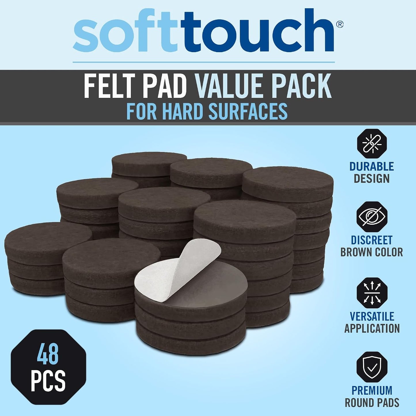 SoftTouch 1.5" Round Reusable Felt Furniture Sliders for Hard Surfaces, Noise-Reducing Adhesive Moving and Protective Pads for Cabinets, Chairs, Tables & Decorative Items Set of 48, Brown