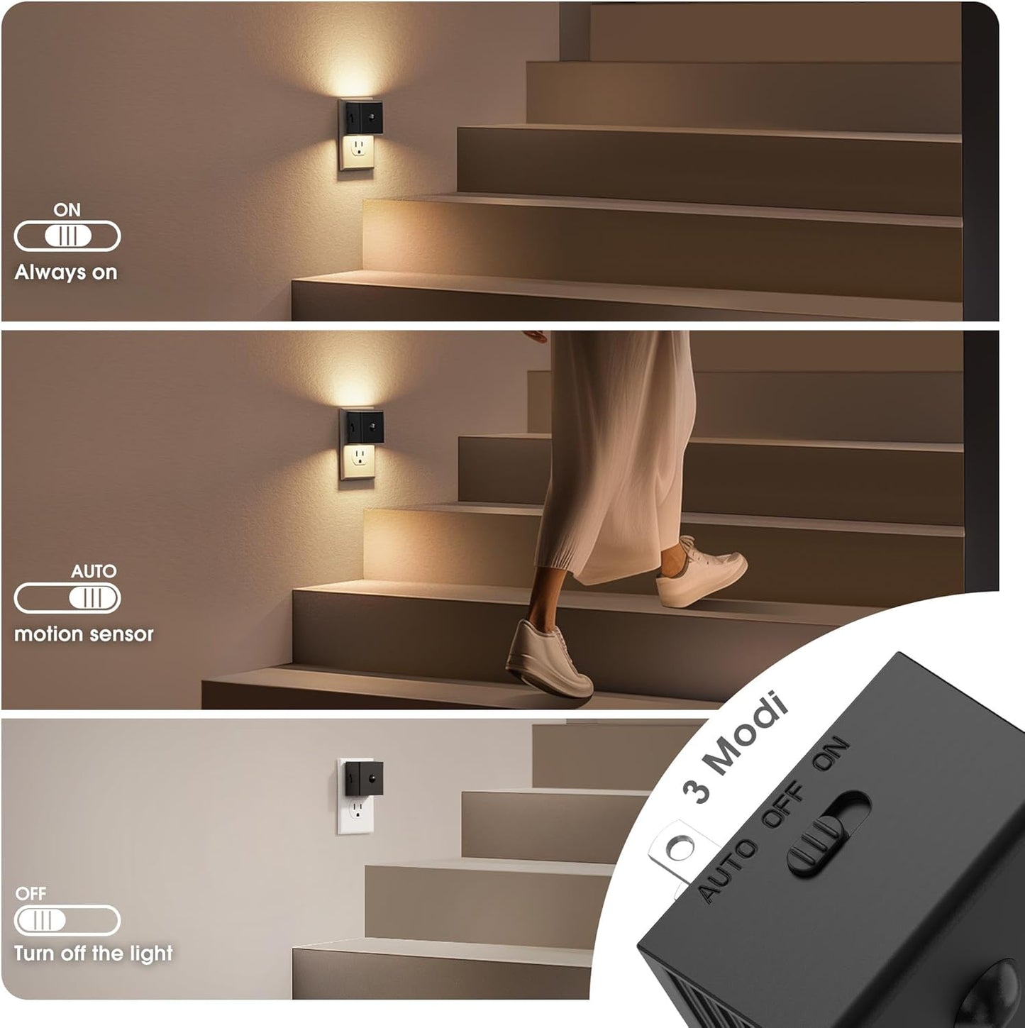 JandCase Motion Sensor Night Light, 2 Pack Motion Activated Night-Lights, 3000K Warm White LED Night Lights Plug into Wall, 30/60LM Adjustable Brightness, for Kids Adults Bathroom Bedroom