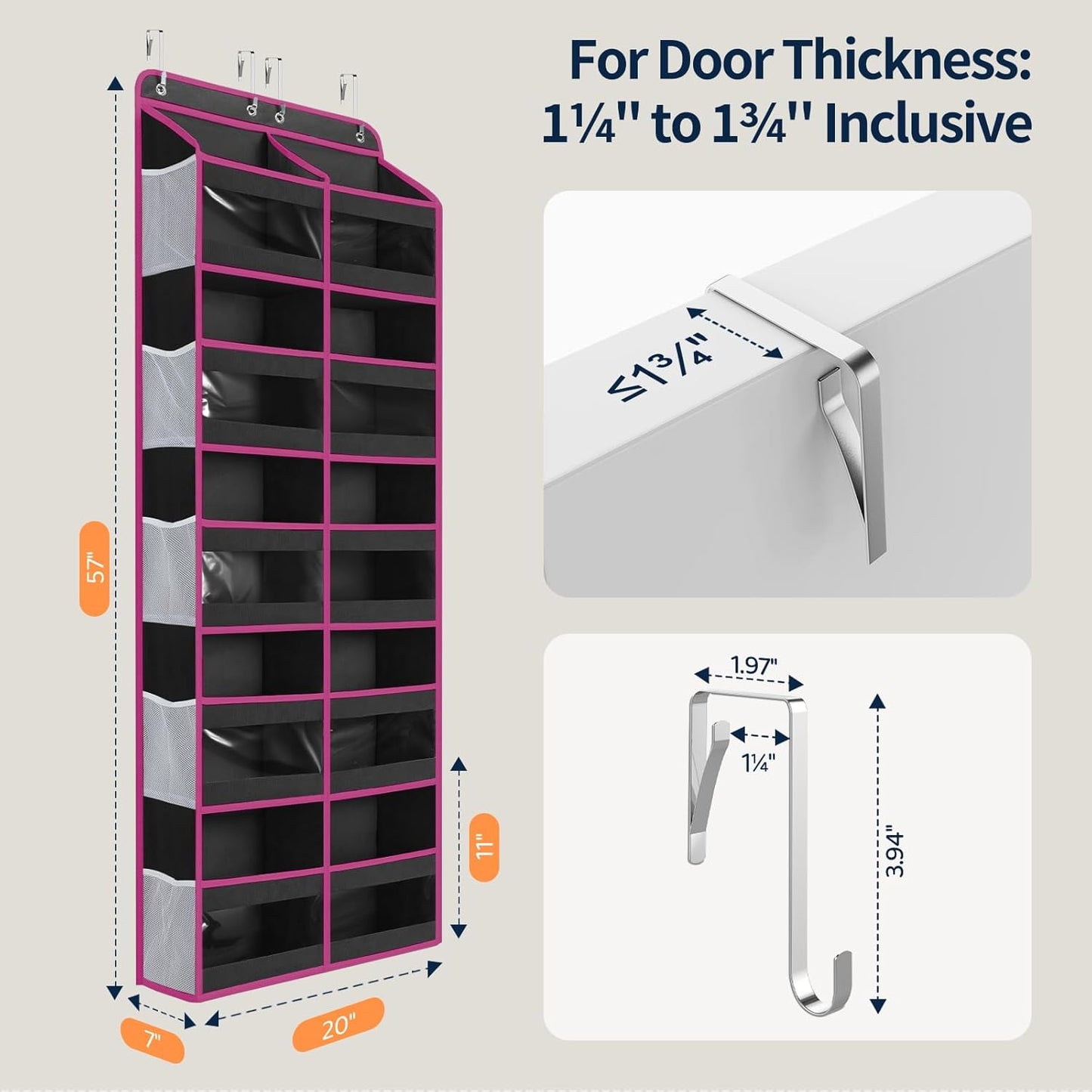 Yecaye 5-Tier Over The Door Organizer Dual-Column, 80lbs Load Over The Door Storage of 10 Compartments, Heavy Duty Door Organizer Hanging for Bedroom Closet Dorm Bathroom Pantry, Grey 1 Pack