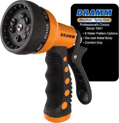 Dramm Revolver Heavy Duty Metal Garden Hose Nozzle – 9 Spray Patterns, High Pressure Jet, Thumb-Control Flow, Ergonomic Grip – Green