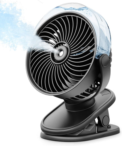 SWEETFULL Portable Misting Clip On Fan, USB-C Rechargeable Mini Personal Cooling Fan with 4 Speeds, 360° Rotatable, Quiet Cooling for Outdoor, Camping, Golf Cart, Travel, Stroller & Desk (Black)