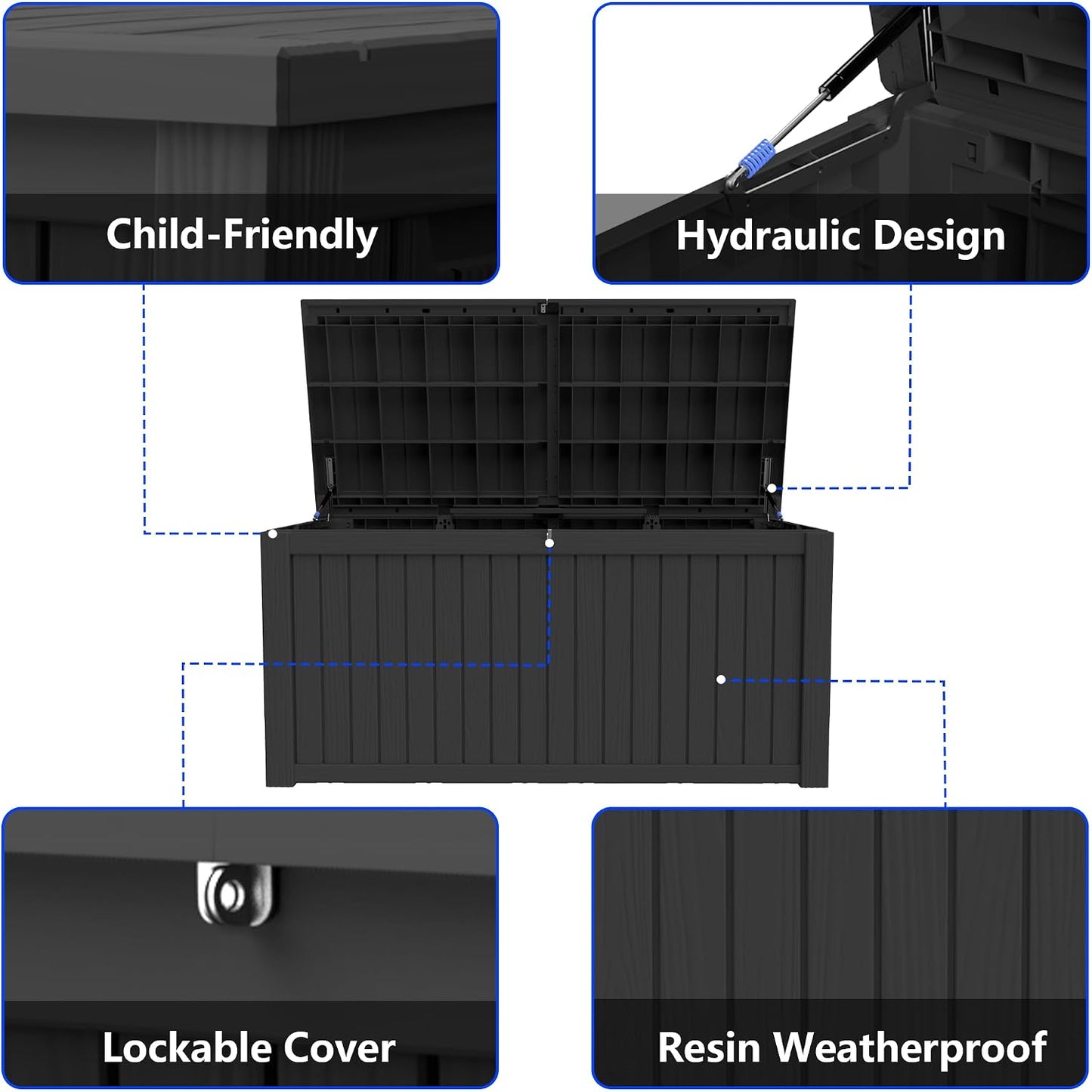 320 Gallon Outdoor Storage Box Resin Deck Box All Weather Waterproof Large Lockable Storage Container Deck Box for Patio Furniture, Garden Tools, Lockable, Black
