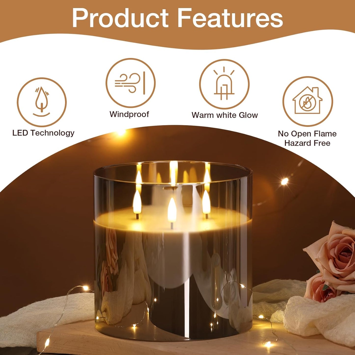 Eywamage 3 Wick Smoke Grey Glass Flameless LED Candle with Remote, Flickering Large Battery Pillar Candle Decor Φ 6" H 6"