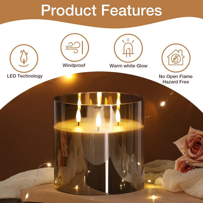 Eywamage 3 Wick Smoke Grey Glass Flameless LED Candle with Remote, Flickering Large Battery Pillar Candle Decor Φ 6" H 6"