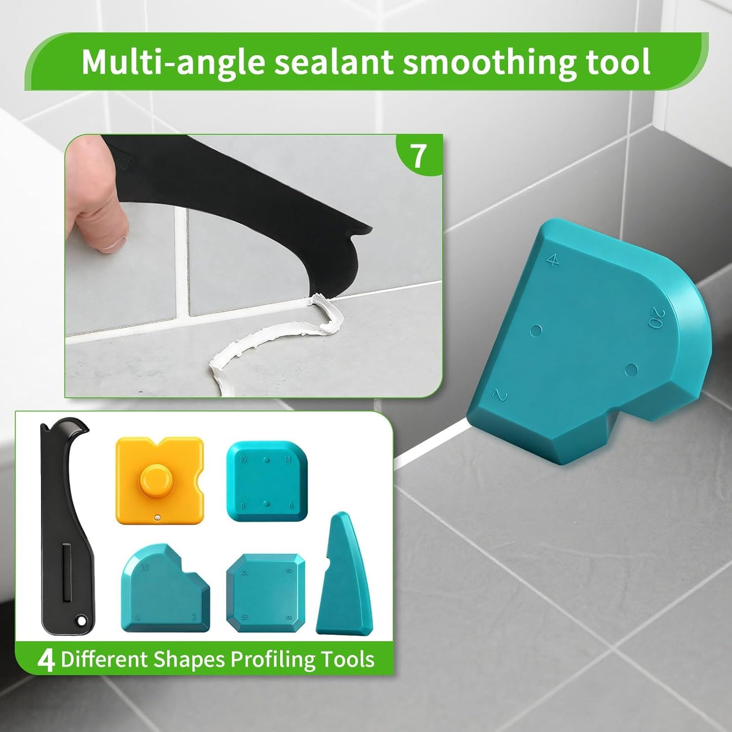 Caulking Tool Kit, 6 in 1 Silicone Caulking Grout Removal Sealant Finishing Tool with Grout Scraper 6 Silicone Pads, Sealant Removal and Trimming Tool with Squeegee for Bathroom, Window, Door, Kitchen