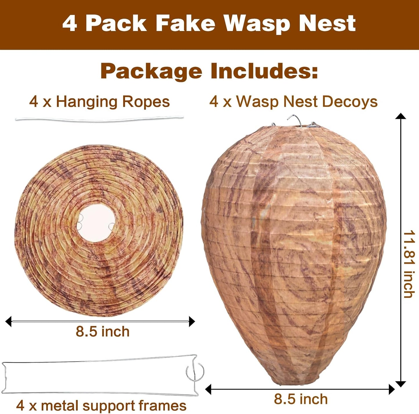 Fake Wasp Nest 4 Pack, Upgraded Waterproof Wasp Nest Decoy Outdoor Hanging, Realistic Artificial Hornet Nests with Stainless Steel Frame for Patio, Porch, Garden, Backyard, Under Eaves