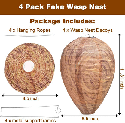 Fake Wasp Nest 4 Pack, Upgraded Waterproof Wasp Nest Decoy Outdoor Hanging, Realistic Artificial Hornet Nests with Stainless Steel Frame for Patio, Porch, Garden, Backyard, Under Eaves