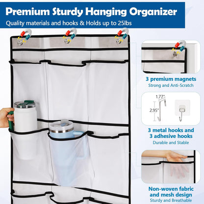 Over The Door Cruise Ship Organizer - Cruise Ship Magnetic Door Organizer with 15 Size-Graded Pockets, Hanging Magnetic Cruise Storage Shoe Rack for Cabin, 2026 Cruise Essential, 9 Hooks(White)