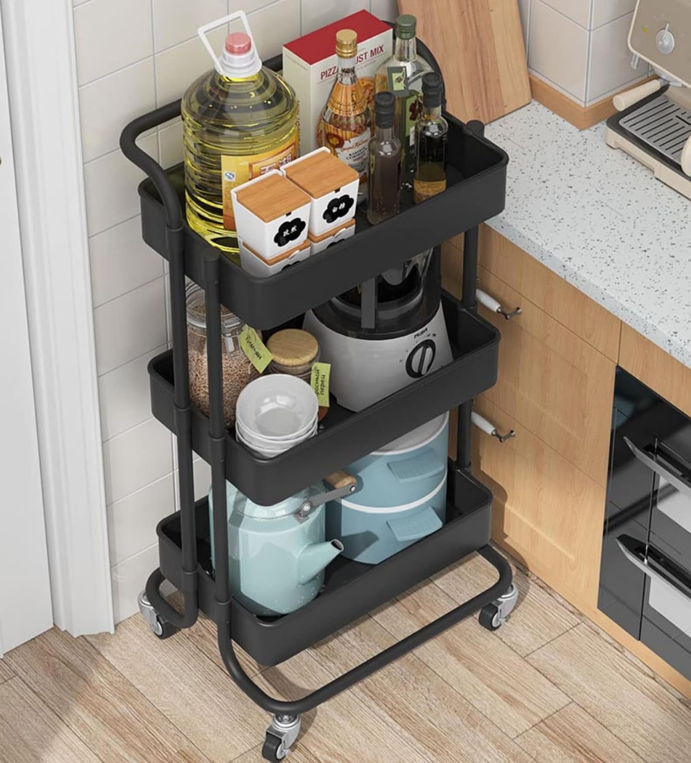 Sooyee 3 Tier Rolling Cart with Wheels, Slim Storage Cart, Under Desk Narrow Rolling Utility Cart Storage Organizer for Office Bathroom Kitchen Laundry Room Narrow Places, White, Plastic and Metal