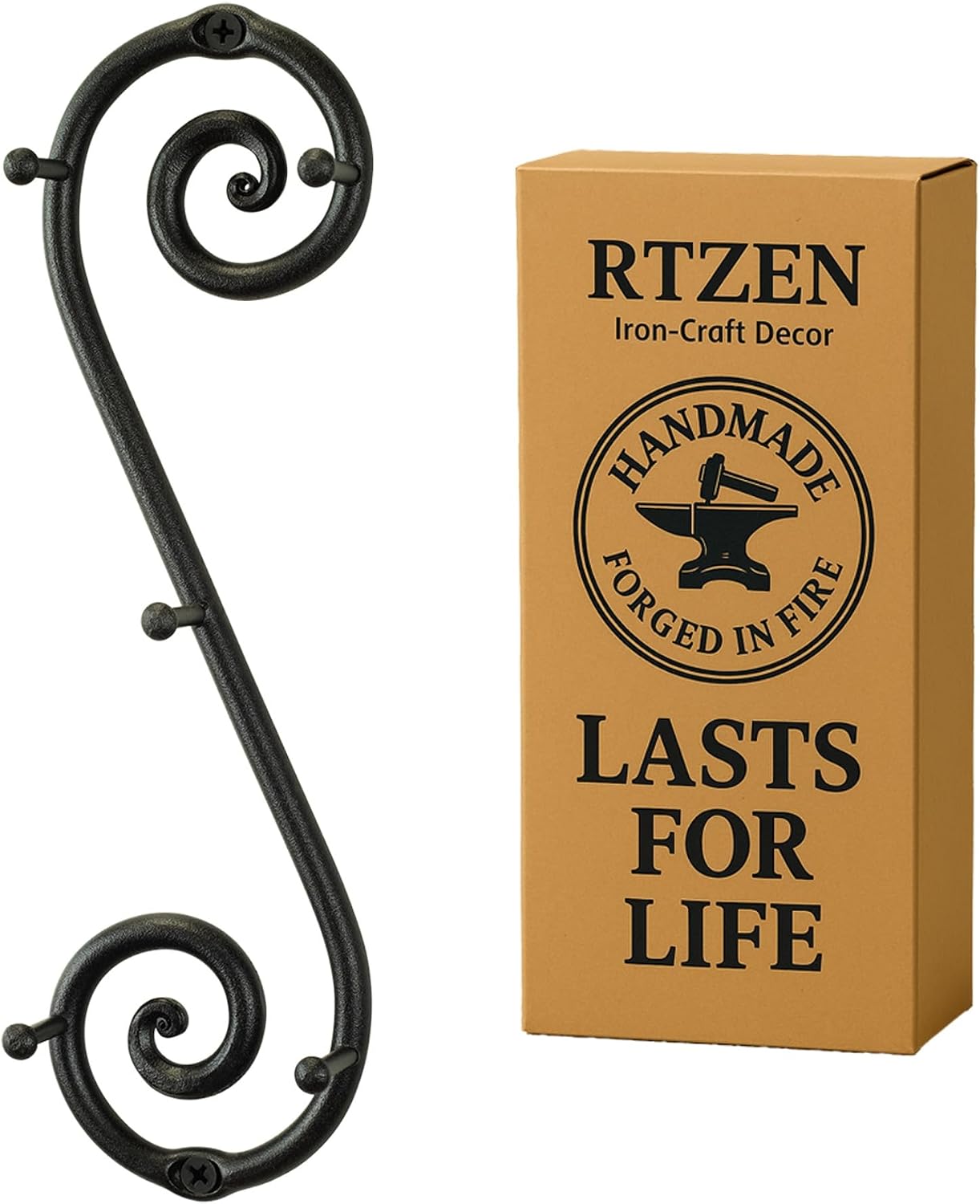 RTZEN Farmhouse Small Key Holder for Wall - Handcrafted Swirl Decorative 5 Key Hooks for Home Entryway - Wrought Iron Wall Mount Rack Purse Coat and Leash Holder or Organizer (Classic Black)