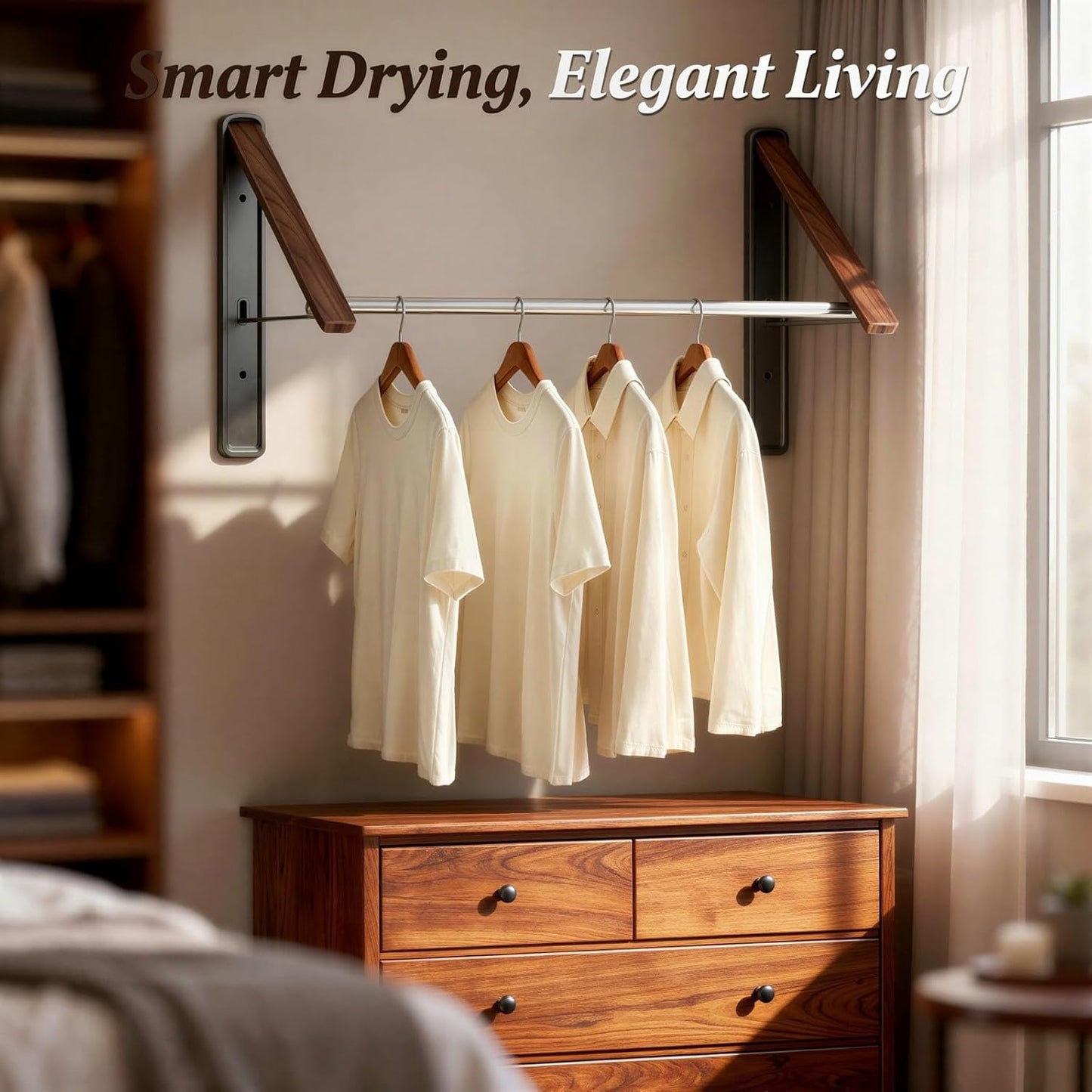Wall Mounted Retractable Clothes Drying Rack, Walnut Foldable Hanger, Space Saving Laundry Organizer with 2 Brackets and 1 Rod, Ideal for Laundry Room, Dorm, Closet & Balcony