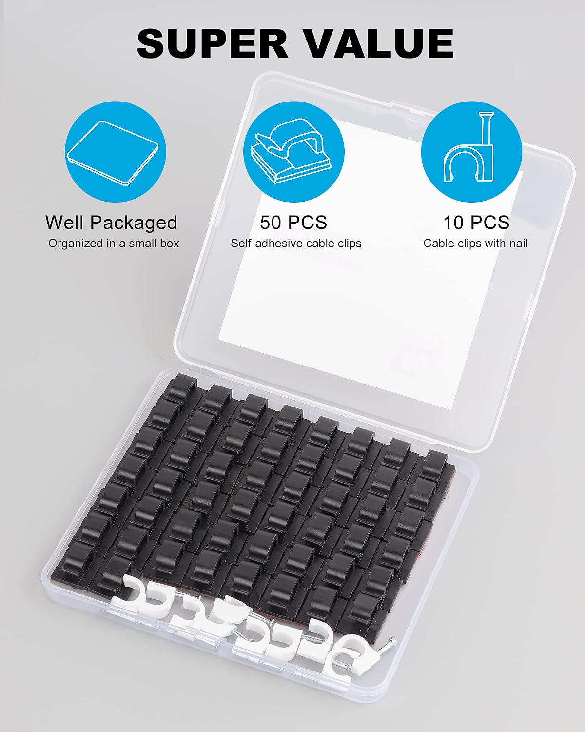 Adhesive Cable Clips White (60 PCS), Upgraded Wire Clips for Cable Management, Strong Cord Clips Wire Holders for The Wall, Under Desk, Led Strip, Electric Wires, Ethernet Cable Clips_Small