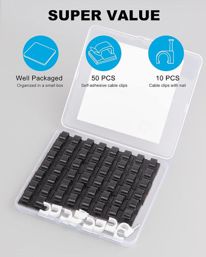 Adhesive Cable Clips White (60 PCS), Upgraded Wire Clips for Cable Management, Strong Cord Clips Wire Holders for The Wall, Under Desk, Led Strip, Electric Wires, Ethernet Cable Clips_Small