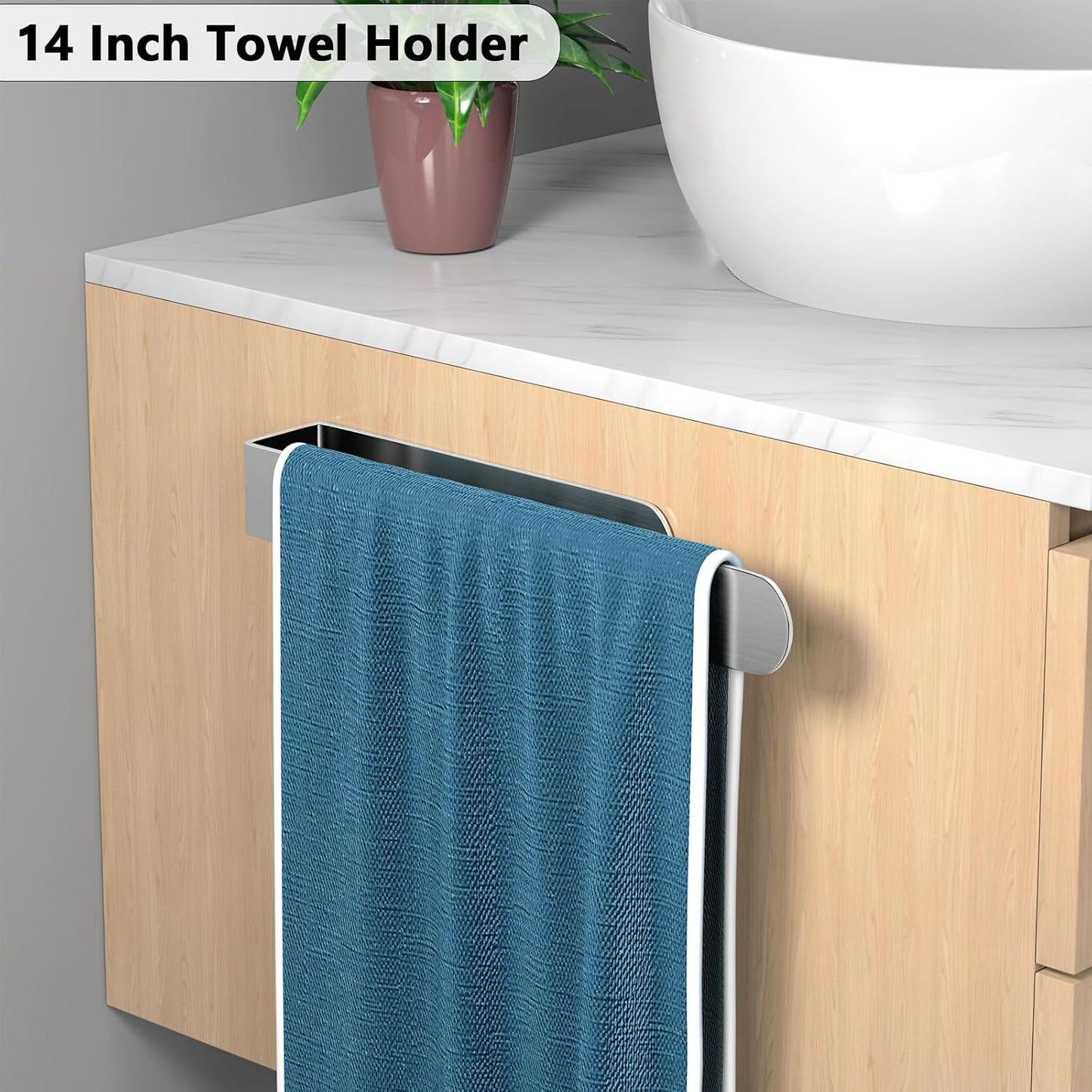 HUFEEOH 2 Pack Adhesive Hand Towel Holder, Kitchen Towel Rack Towel Bars Wall Mounted, Stainless Steel Bath Towel Hanger for Bathroom Hotel Kitchen (White, 8 Inch(2PC))