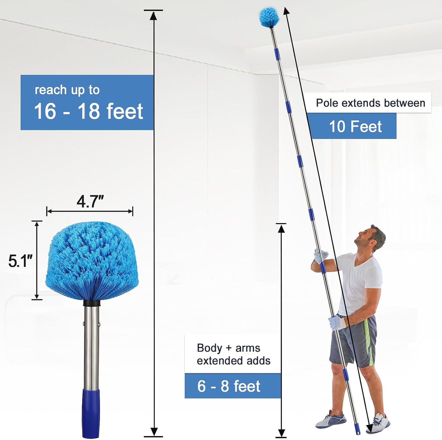 Cobweb Duster with Extension Pole - 6 FT Lightweight Stainless Steel Extendable Duster Ceiling Fan Duster for High Ceilings, Medium Stiff PET Bristle Spider Web Brush for Indoor/Outdoor Cleaning
