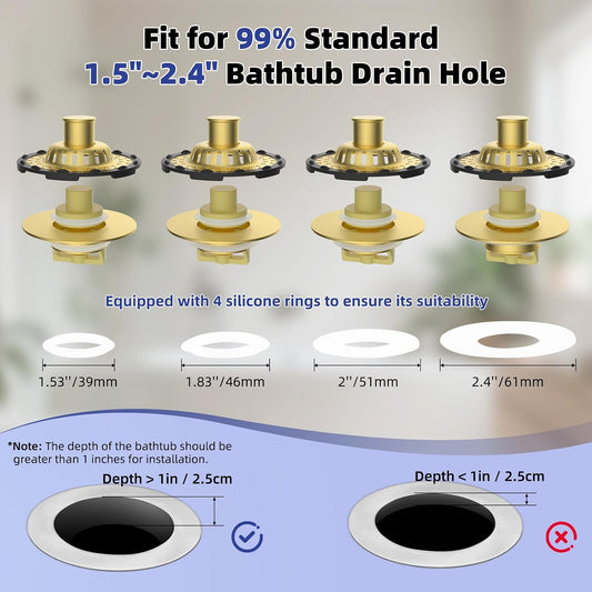 Universal Bathtub Drain Stopper Shower Drain Hair Catcher, Tub Stopper with Visible Top Strainer, Upgraded 3 in 1 Pop-up Drain Plug Fit for 1.5 to 2.4" Hole, Stainless Steel Filter Basket, Chrome