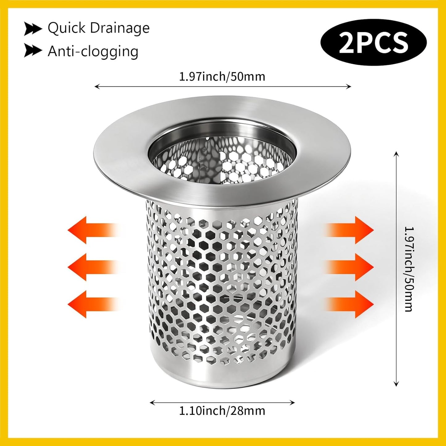 Bathroom Sink Drain Strainer, 304 Stainless Steel Hair Catcher for Bathtub Shower Floor Drain, Bathtub Drain Cover Strainer Basket Fit 1.1" to 1.97" Drain Hole (2PCS)