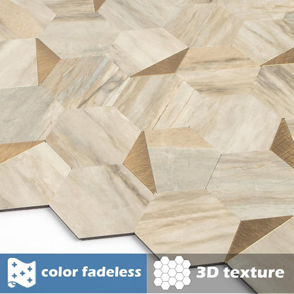 10-Sheet Heavy-Duty Hexagon Peel and Stick Backsplash, Thick Waterproof &Heat Resistant Stick on Wall Tiles, Slate Beige Mosaic for Kitchen & Bathroom, Strong Adhesive Permanent PVC Tiles