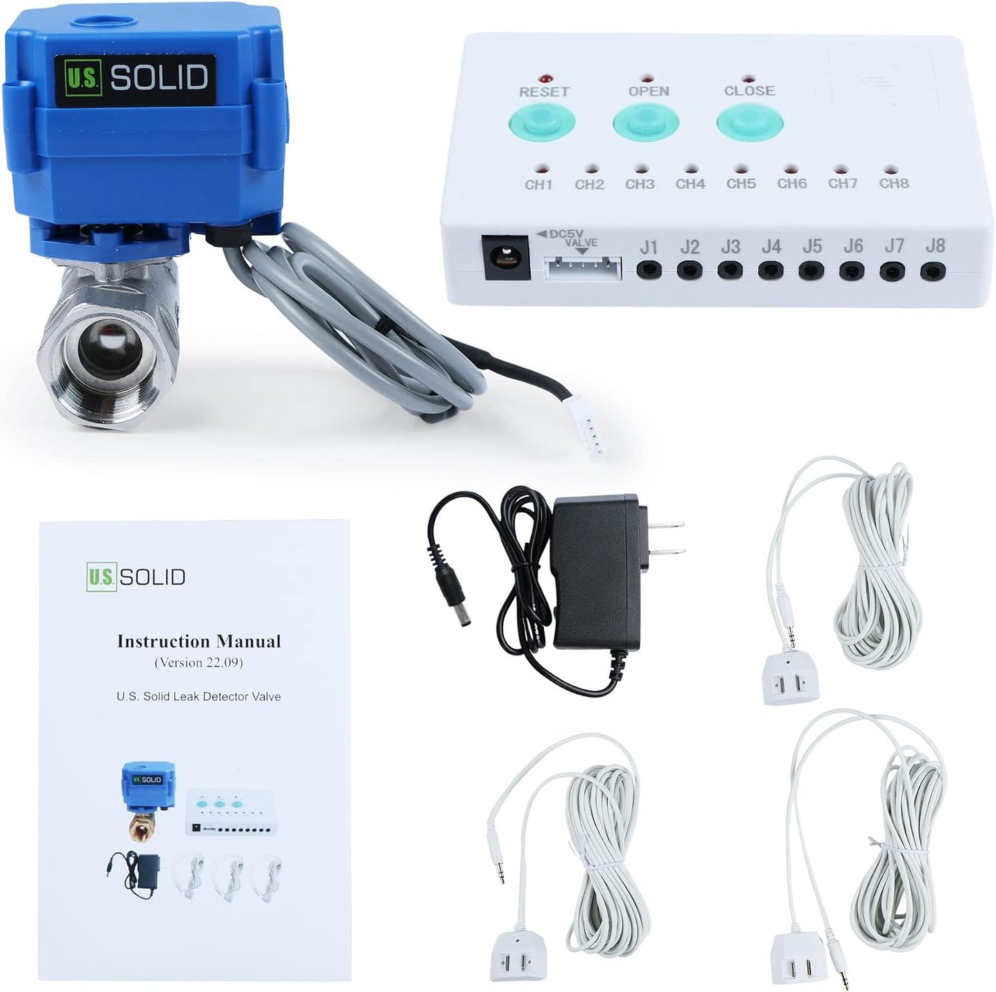 U.S. Solid Water Leak Detector with Auto Shut-Off Valve & Sound Alarm, 1" NSF Certified 304SS Motorized Ball Valve with 3 Sensors, Smart Sensor System for Water Heaters, Laundry & Flood Prevention
