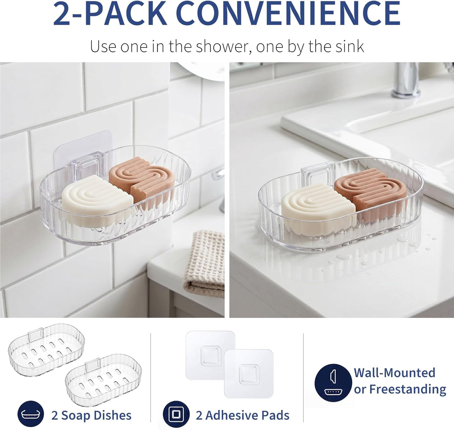 Shower Caddy Compatible with Kitsch Shampoo – Self-Draining Shampoo Bar Holder & Shower Shelves for Conditioner Bars & Soap – Wall Mount or Free-Standing Organizer (2 Pack)