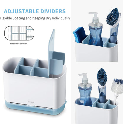 JOMOLA Dish Brush Caddy for Kitchen Sink Toothbrush Holders for Bathrooms Sink Sponge Holder Kitchen Counter Scrub Soap Brush Organizer Sinkware Caddy with Drain Tray Dividers (Blue)