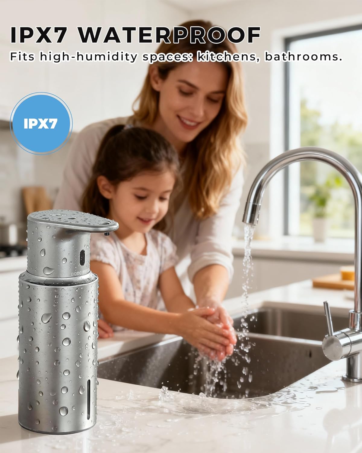 Automatic Liquid Soap Dispenser Touchless, 304 Stainless Steel Bottle Body &16.2oz/480ml Rechargeable, 3 Adjustable Liquid Levels, IPX7 Waterproof, for Kitchen Bathroom, Stainless Steel