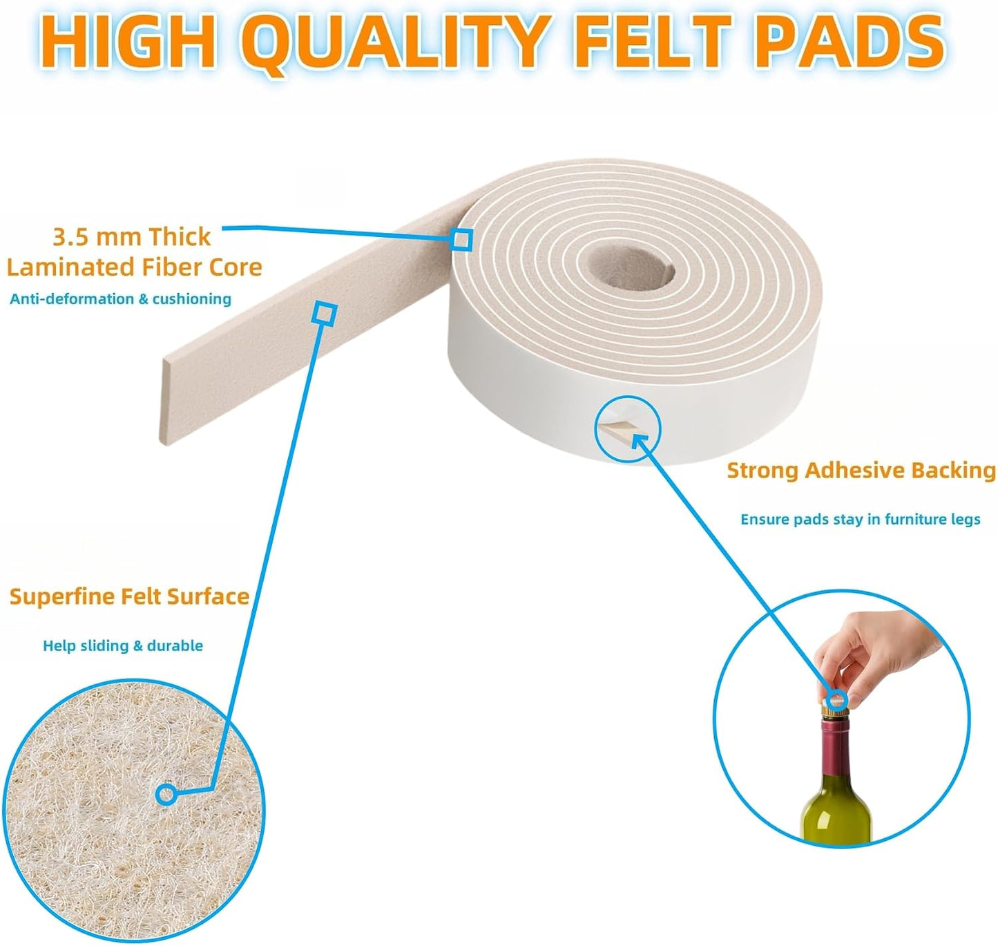 Furnigear Felt Strips with Adhesive Backing Heavy Duty Cuttable Felt Tape Roll Furniture Pads for Chair Legs - Protecting Hardwood Floors, Chair Wall Protector (Black, 80 x 0.5 x 0.14 Inch)