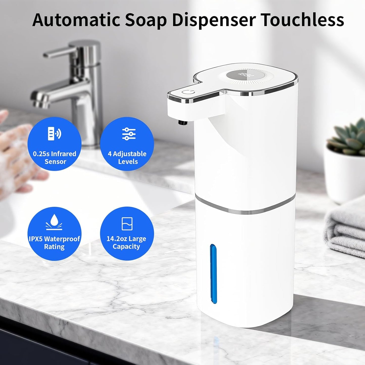Automatic Foaming Soap Dispenser, Touchless Rechargeable Hand Soap Dispenser, 4 Adjustable Levels, 1200mAh Battery, Large Display, for Kitchen & Bathroom (Black, Foaming)
