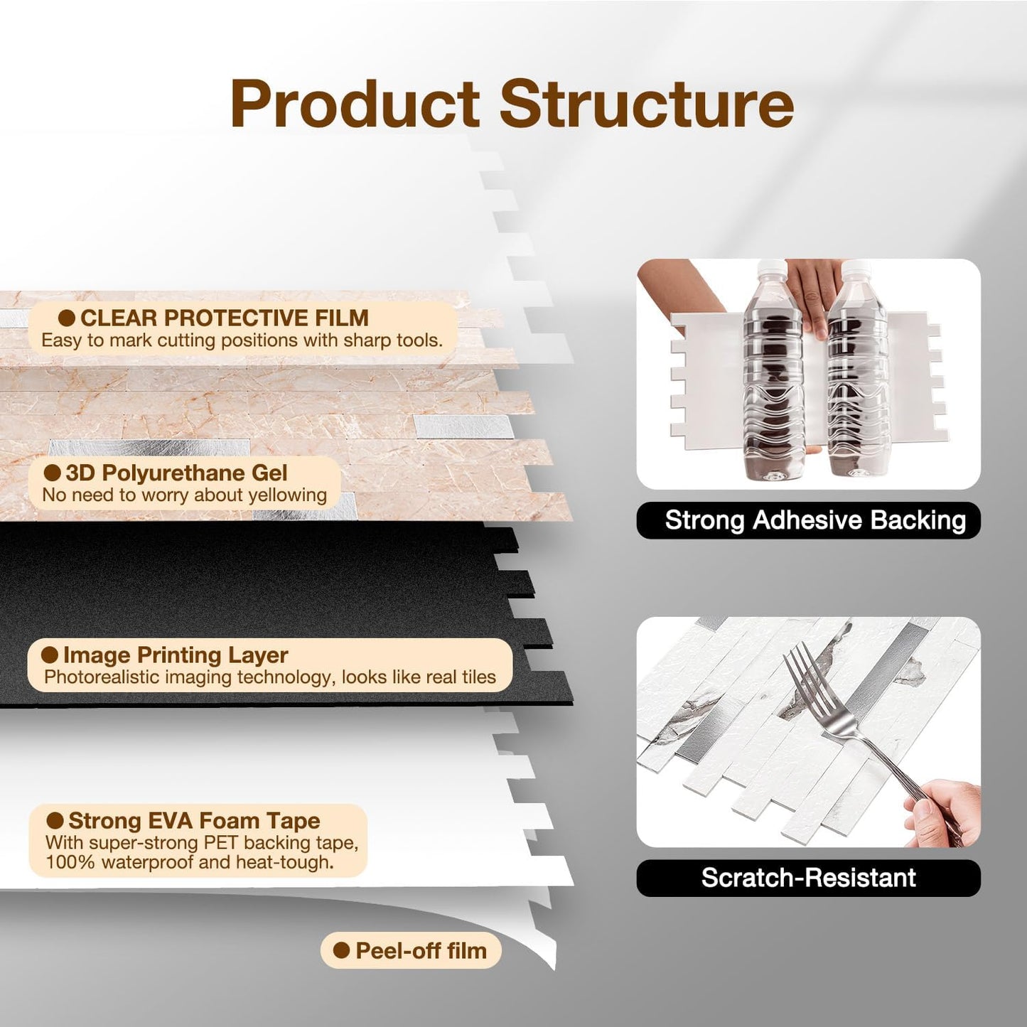 Peel and Stick Backsplash Tile Waterproof Removable PVC Wall Sticker 3D Faux Stone Marble Brick White Accent Panels (White Marble - Metal Silver, 20 Tiles - 9 sq. ft. (0.84 M²))