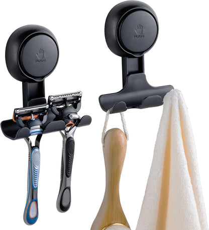 TAILI Suction Cup Razor Holder in Shower 2 Pack, Towel, Loofah, Shaver Holder for Bathroom Wall, Powerful Suction Cup Shower Hooks, Easy to Install and Reuse, White