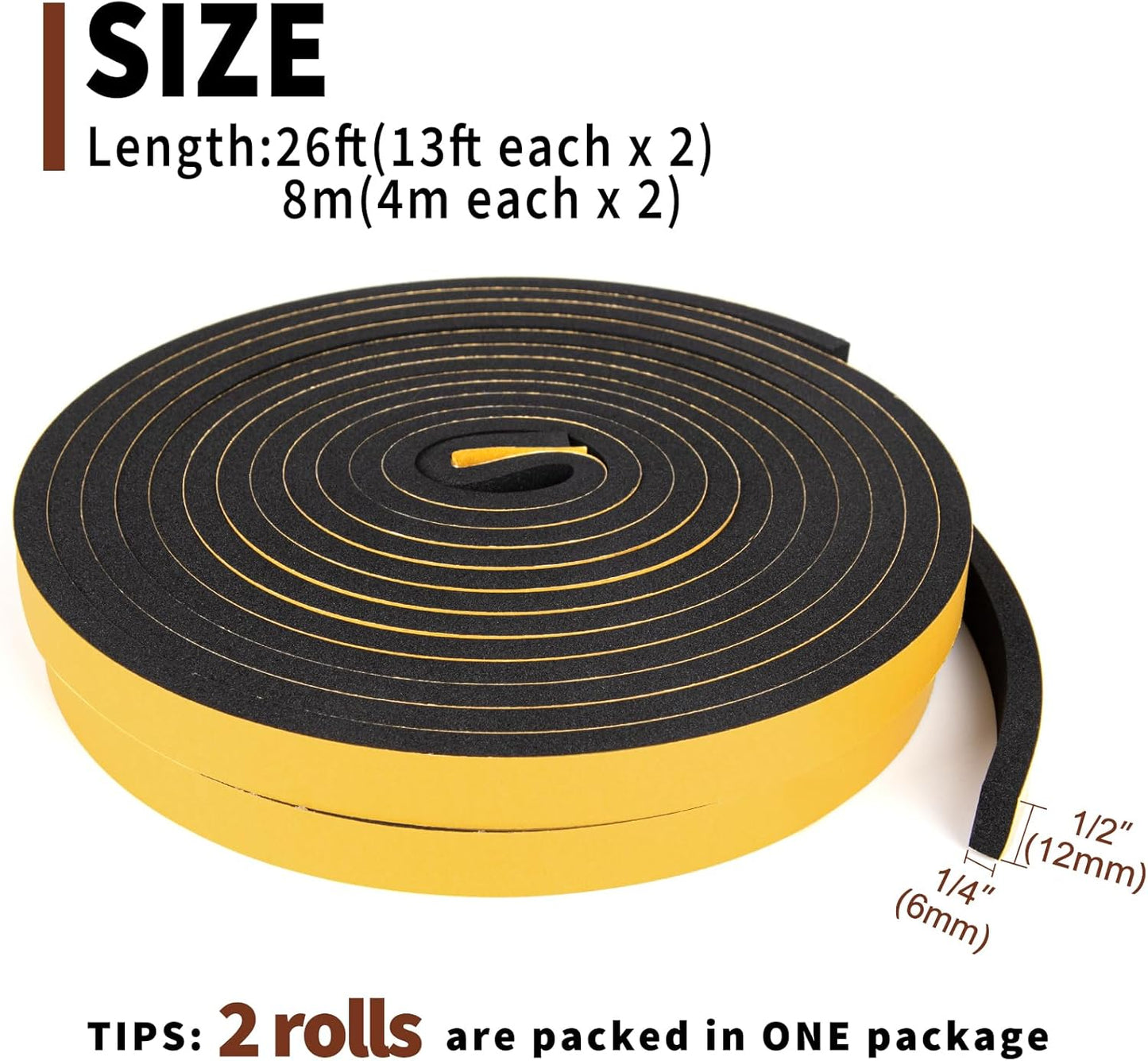 Yotache Self Adhesive Foam Gasket Tape 1/2" W X 1/2" T (New Adhesive Craft) for Doors Soundproofing Weather Seal Strip Insulation, 13 Ft Length