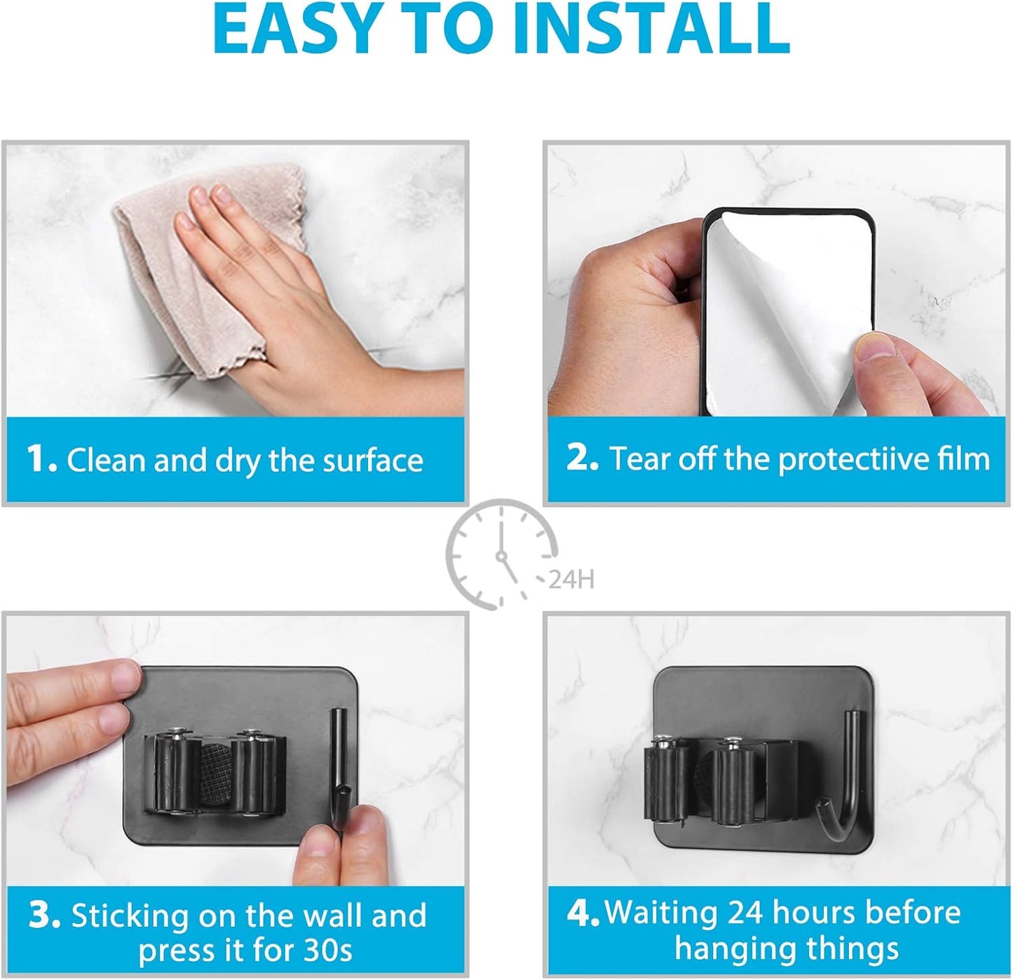 homeasy Mop Broom Holder No Drill, Mop Broom Organizer Wall Mounted Heavy Duty with Hooks Hanger, Self Adhesive Stainless Steel 4Pcs for Bathroom, Kitchen, Office (Silver)