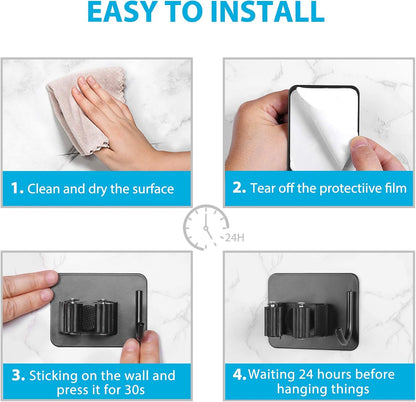 homeasy Mop Broom Holder No Drill, Mop Broom Organizer Wall Mounted Heavy Duty with Hooks Hanger, Self Adhesive Stainless Steel 4Pcs for Bathroom, Kitchen, Office (Silver)