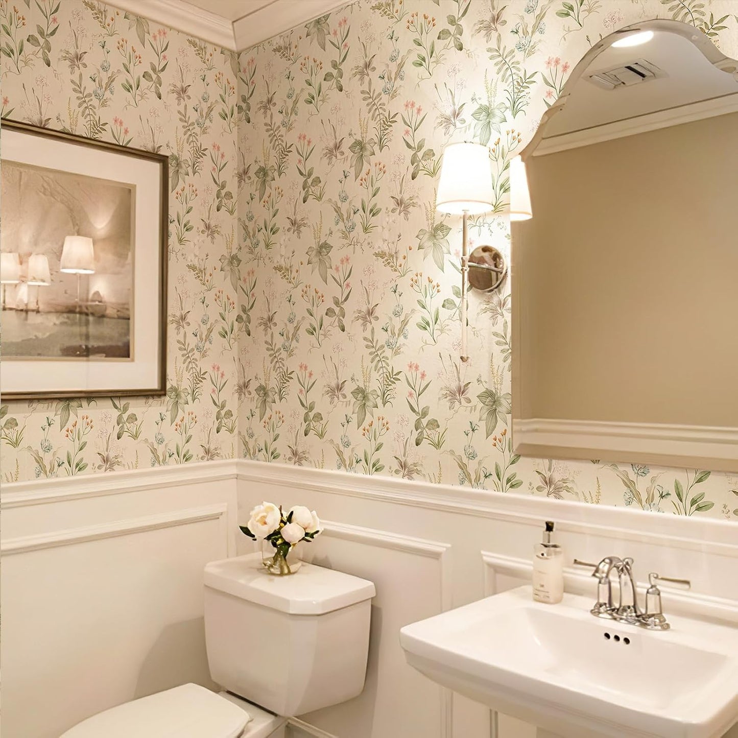 Simon&Siff Vintage Wallpaper Peel and Stick Beige Floral Contact Paper Wildflowers Botanical Wall Paper Removable Renter Friendly Wallpaper 17.3in x 9.8ft