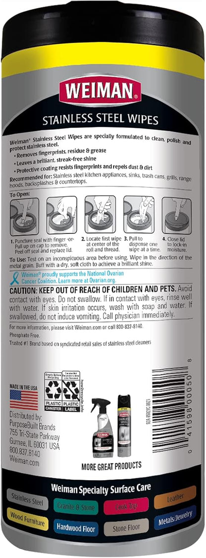 Weiman Stainless Steel Cleaner, 30 Count Wipes, Anti-Fingerprint, Removes Grease, Water Spots, Streaks & Residue, Polishing Cleaner Safe for Appliances, Chrome, Sinks & Grill Exteriors