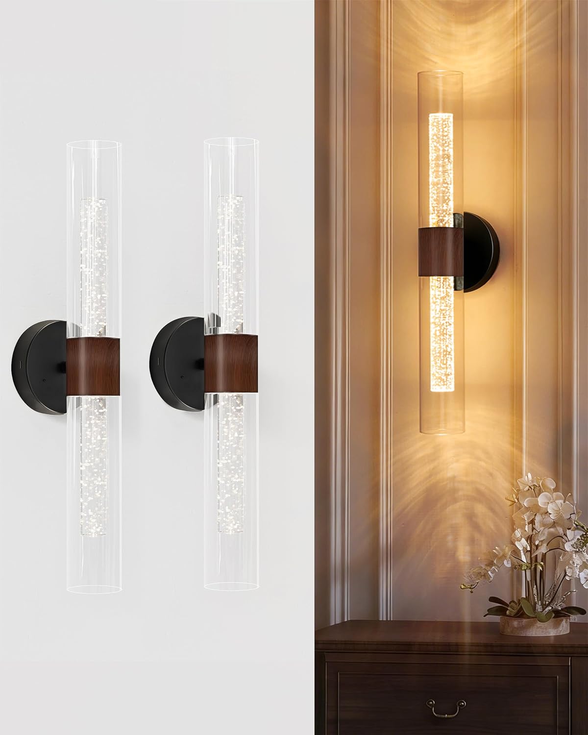10000mAh Battery Operated Wall Sconce Set of 2, Rechargeable Wireless Wall Lights with Remote Control, Dimmable Timer 3 Color Temperature Glass Wall Lamp for Living Room Bedroom Gold 21.5 Inch