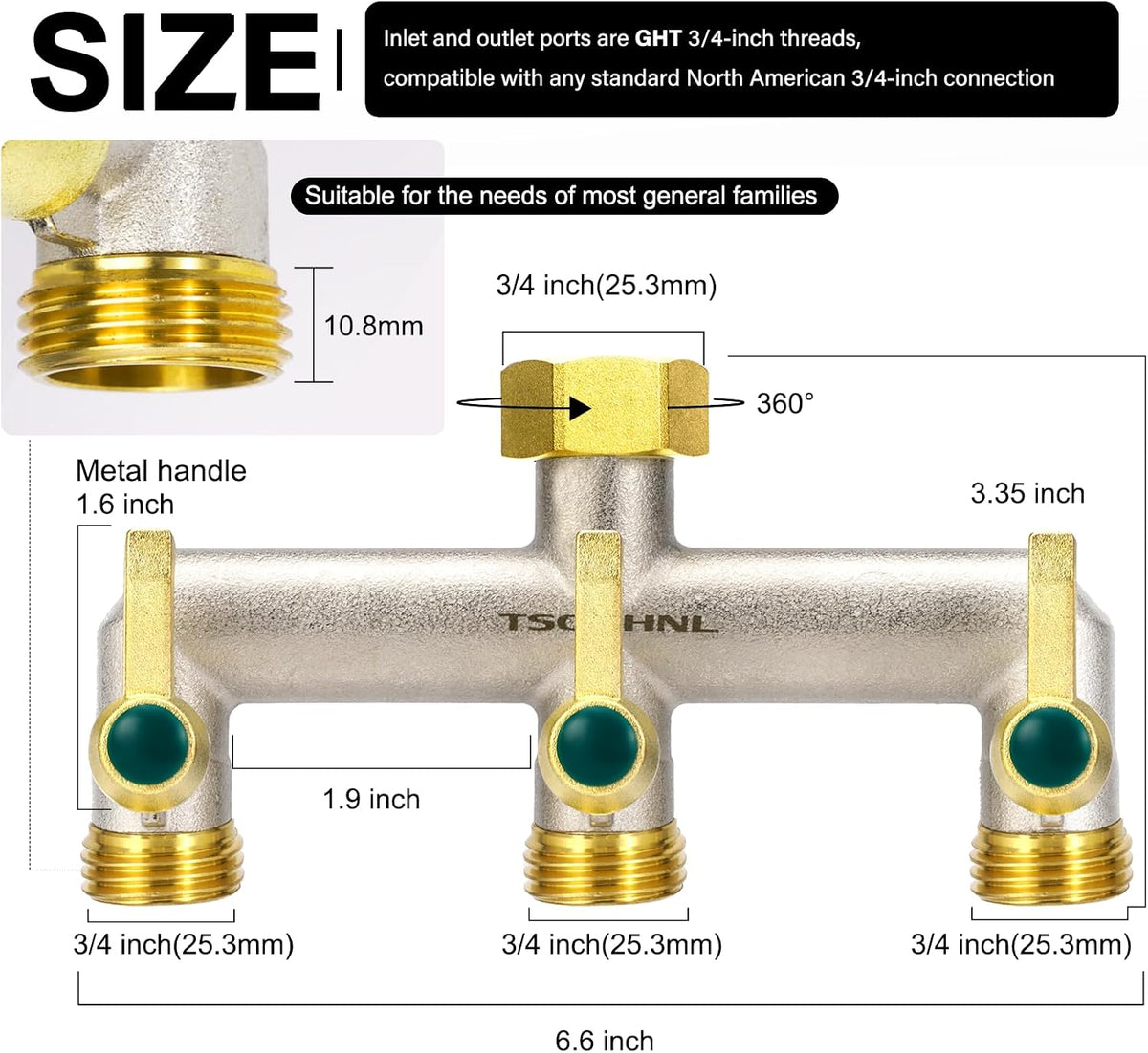 Heavy Duty Brass Garden Hose Splitter, 2-Way Faucet Splitter with 2 Extended Metal Handles, Outdoor Hose Splitter, GHT 3/4-Inch Heavy Duty Hex Female Inlet and 3/4-Inch Male Outlet, Nickel Plated