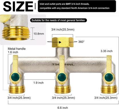 Heavy Duty Brass Garden Hose Splitter, 2-Way Faucet Splitter with 2 Extended Metal Handles, Outdoor Hose Splitter, GHT 3/4-Inch Heavy Duty Hex Female Inlet and 3/4-Inch Male Outlet, Nickel Plated