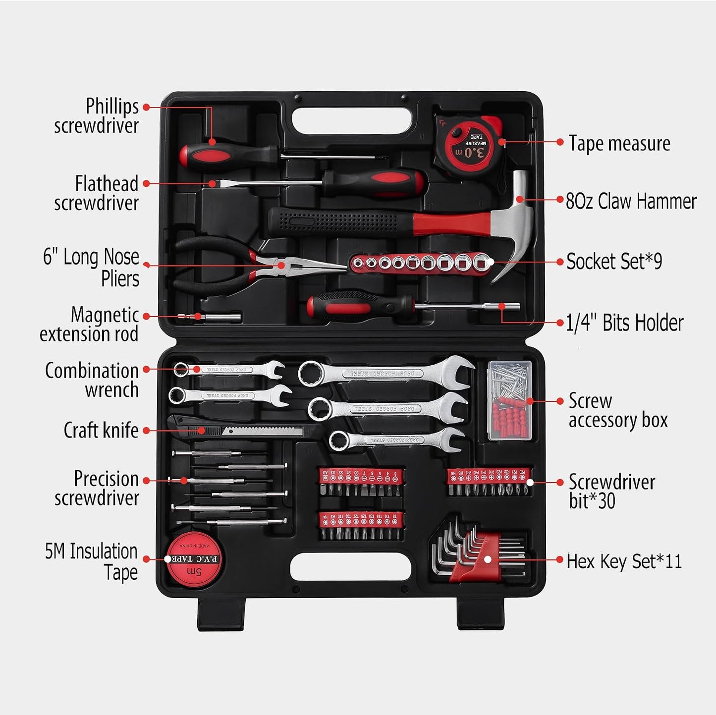 146-Piece Household Tool Kit - Perfect for Home Repair, Car Maintenance, DIY Projects - Complete Set w/Hammer, Screwdrivers, Pliers, Wrench with Storage ToolBox - Ideal Gift