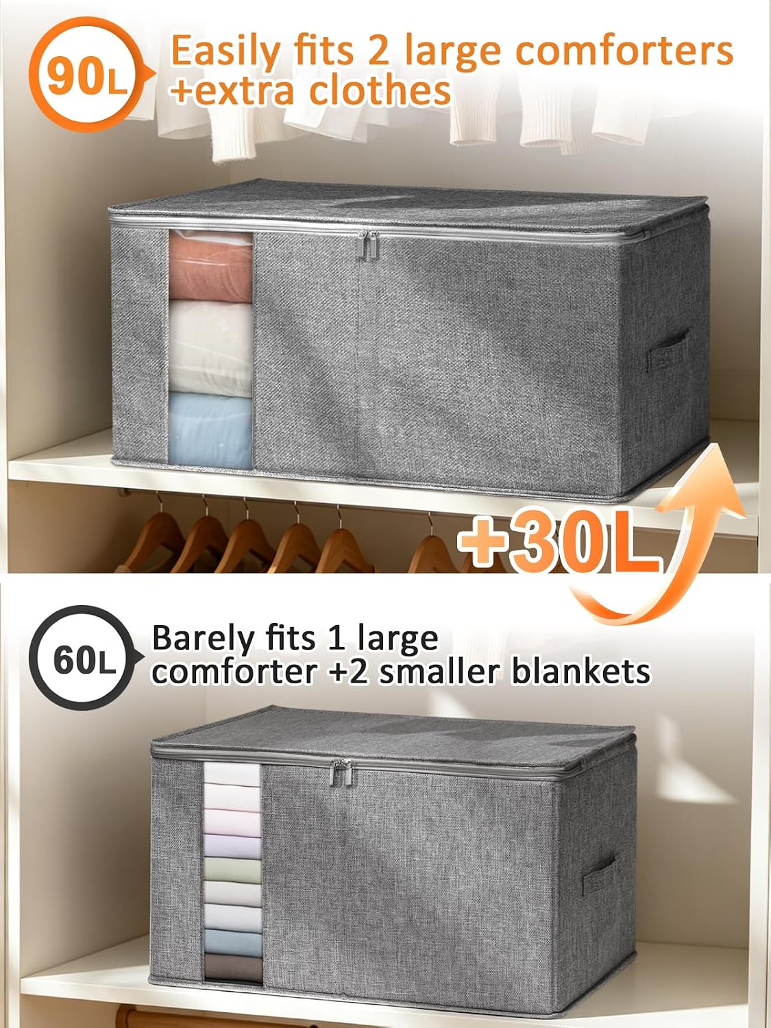 punemi Comforter Storage Bag, Large Blanket Storage Bags with Sturdy Structure, Zipper & 2 Handles for King/Queen Comforters, Quilts, Duvets, Pillows, Bedding and Clothes, 21.7x14.2x11.8in, 2 Pack