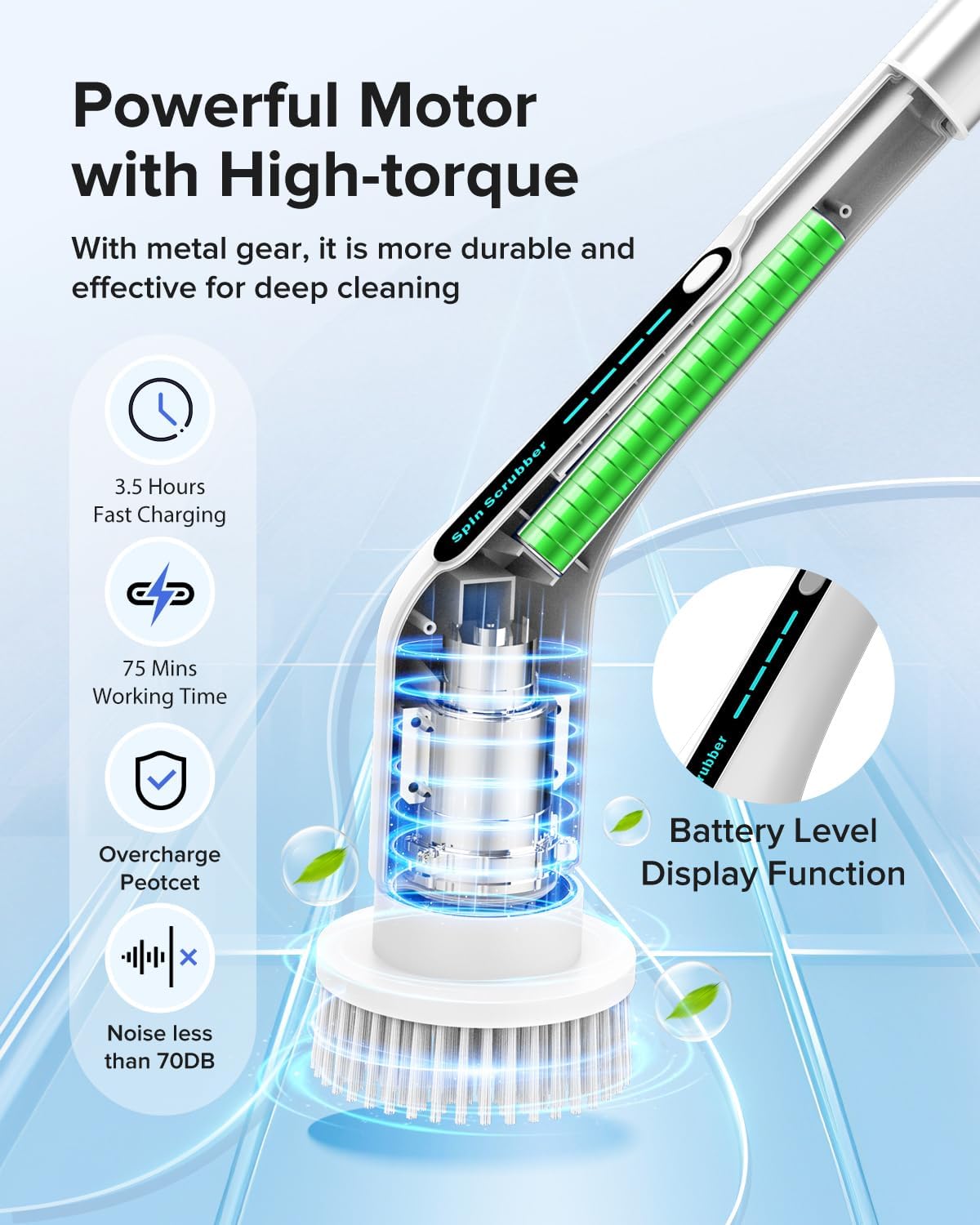 Electric Spin Scrubber, Cordless IPX7 Waterproof, Dual Speed Shower Scrubber with Adjustable Long Handle, 7 Replaceable Brush Heads for Bathroom, Bathtub, Tile Floor, Toilet, Kitchen & Car